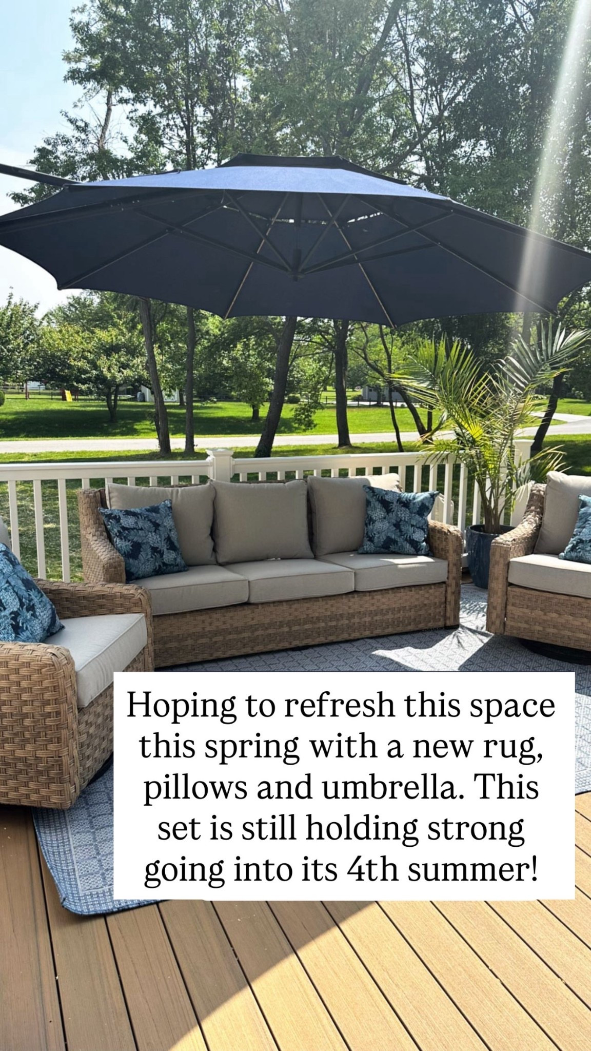 Patio furniture, outdoor patio furniture set, wicker patio conversation set, backyard patio ideas, patio refresh, outdoor rug patio, navy patio umbrella, outdoor throw pillows, deck furniture ideas, affordable patio furniture, Wayfair patio furniture, backyard seating area, cozy outdoor living space, patio styling ideas

#LTKSeasonal #LTKSpringSale #LTKHome