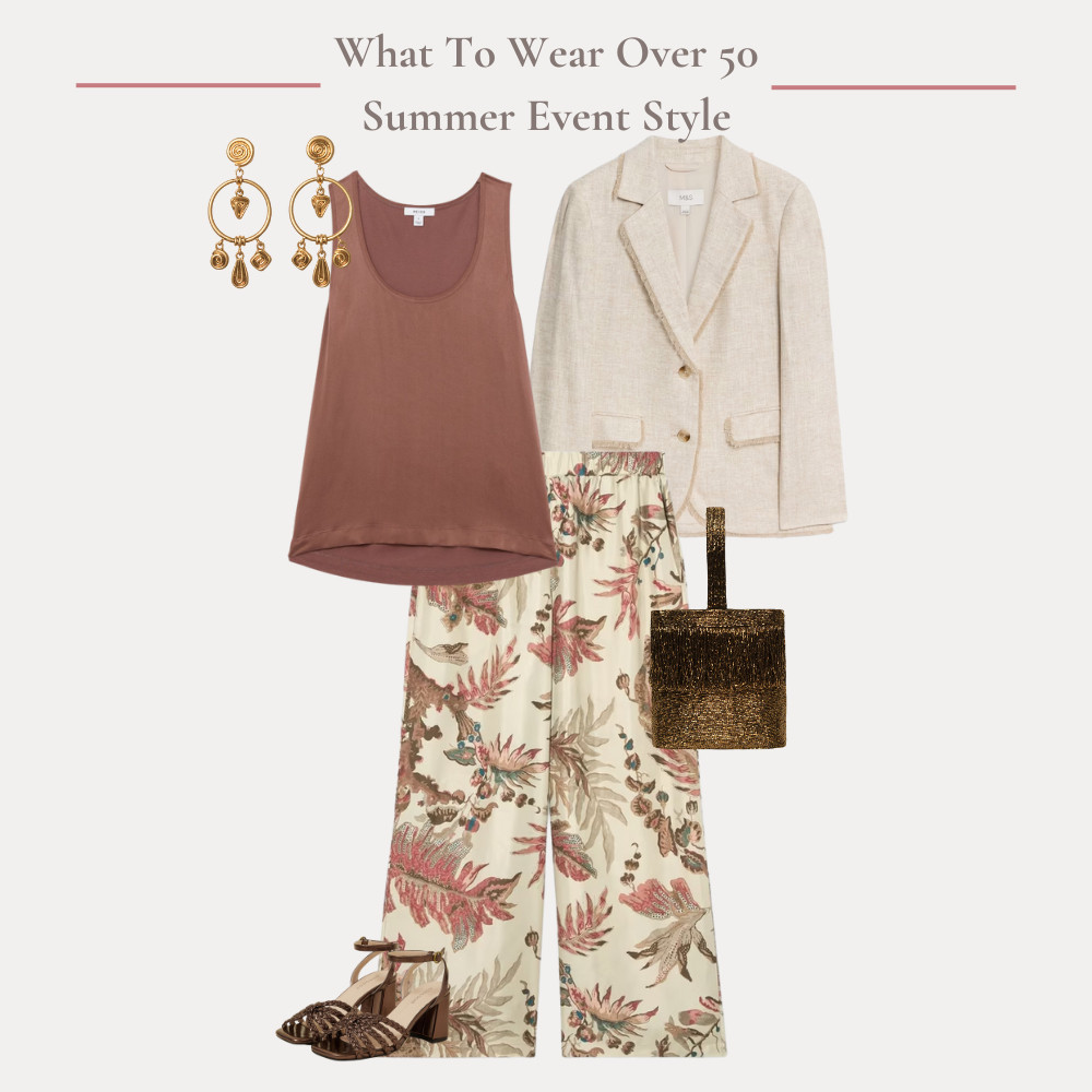 Event dressing over 50 - silk trousers, linen blazer and satin camisole with bronze accessories 

 #LTKuk #LTKsummer #LTKover50style
