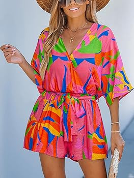 CUPSHE Women's Mini Romper Summer Beach Vacation Loose Fit Half Sleeve V Neck Resort Wear Tropica... | Amazon (US)