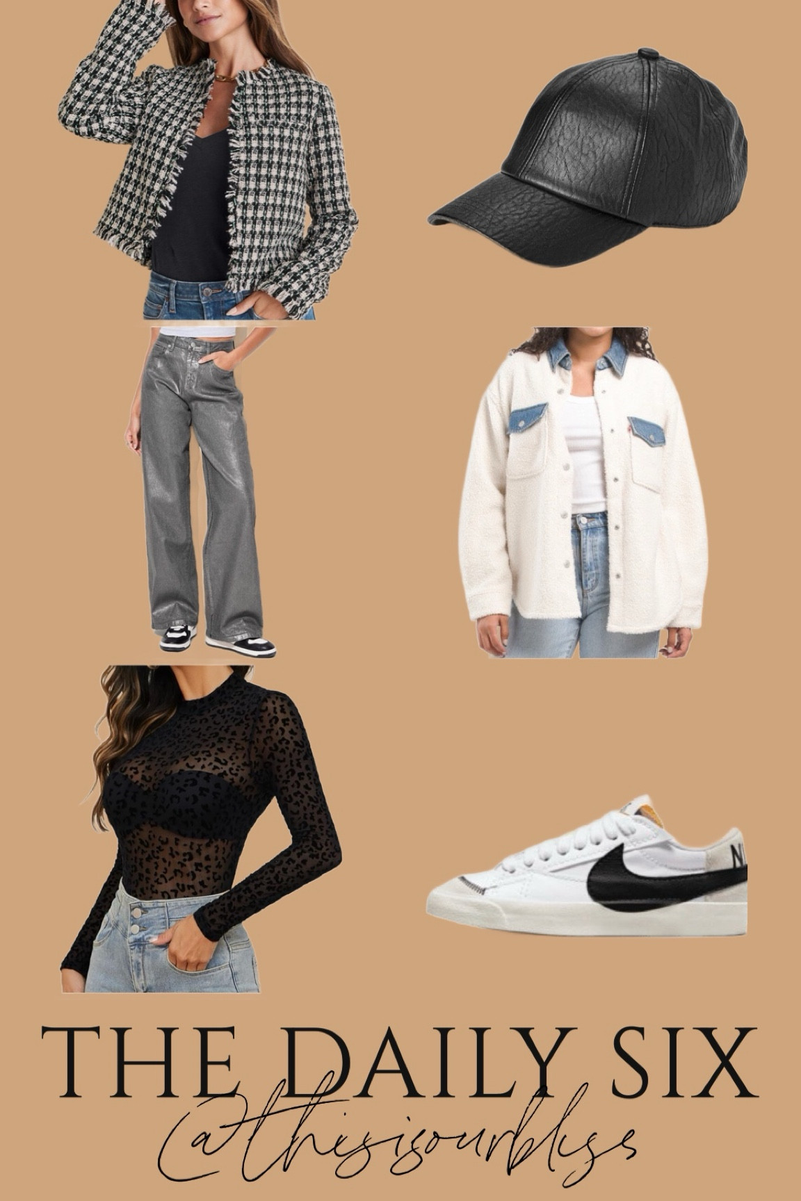 The daily 6! Today’s daily finds!! 

Collarless Tweed jacket, faux leather baseball hat, metallic coated jeans, Sherpa & denim shacket, mesh leopard top, Nike sneakers on sale 🖤

#LTKFindsUnder50 #LTKStyleTip #LTKSaleAlert
