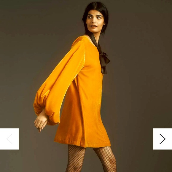 RHODE Balloon-Sleeve Velvet Mini Dress Mustard Yellow - Womens Size Small | Poshmark