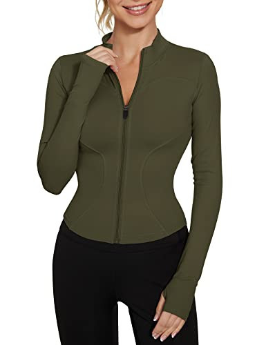LUYAA Womens Athletic Full Zip Up Jacket Tight Slim Fit Workout Jackets Long Sleeve Running Active Tops Army Green M | Amazon (US)