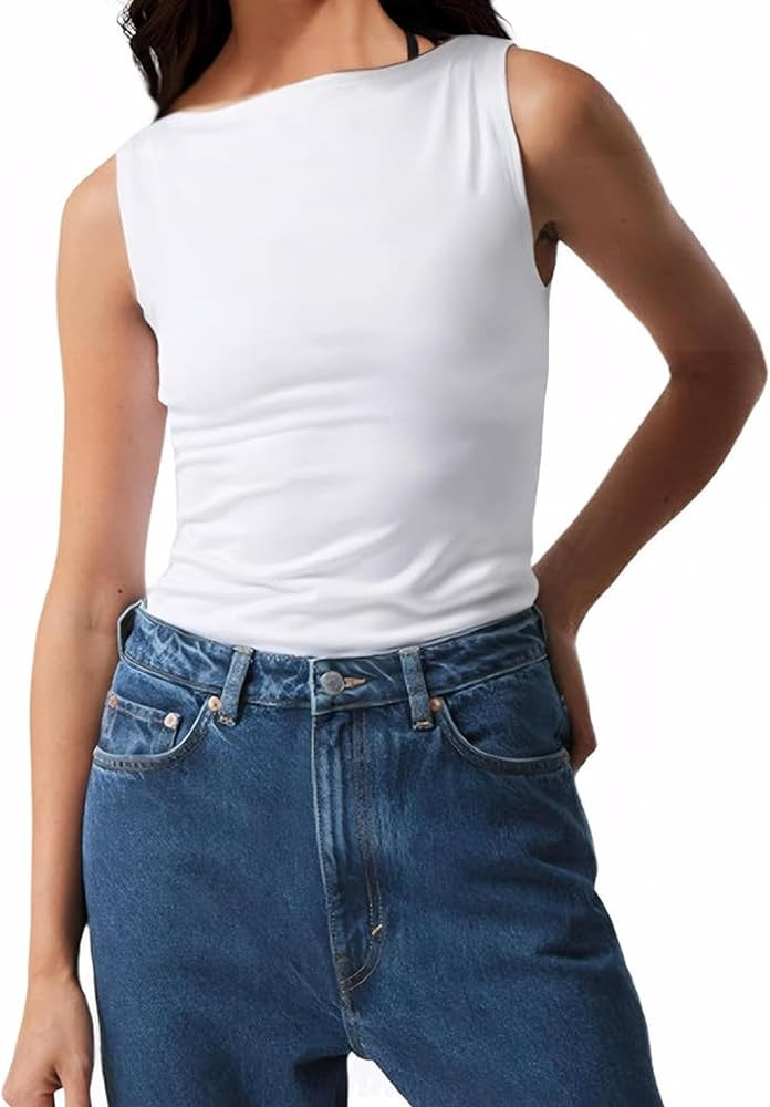 Women's Basic Boat Neck Tank Top Solid Casual Sleeveless Tunic Vest Summer Trendy Slim Fit Crop C... | Amazon (US)