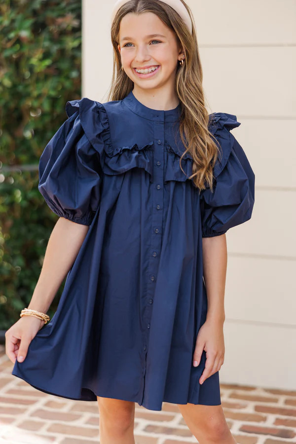 Girls: Keep Up Navy Blue Ruffled Dress | The Mint Julep Boutique