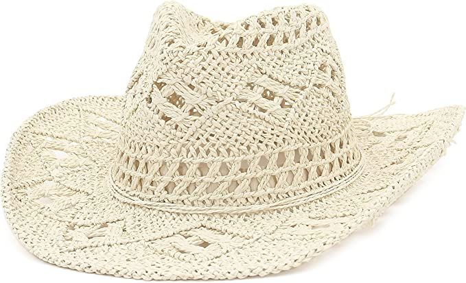 GEMVIE Men & Women's Summer Cowboy Cowgirl Straw Hat Hollow Out Style Roll Up Brim Cowboy Sun Hat | Amazon (US)