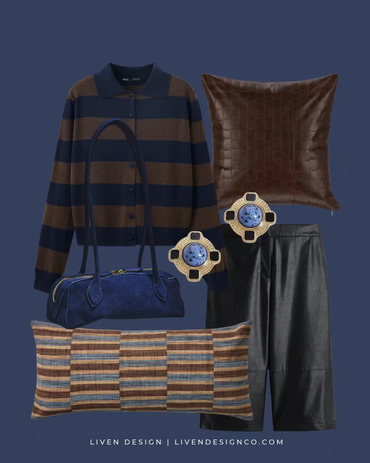 New discoveries. Leather Bermuda shorts. Fashion. Style inspiration. Striped rugby sweater. Fall style. Leather throw pillow. Textured long lumbar pillow. Blue suede handbag. Statement earrings. 

#LTKSeasonal #LTKHome #LTKSaleAlert