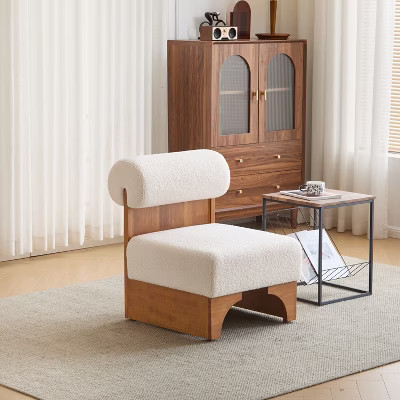 Modern Boucle Lounge Chair with Solid Wood Frame & Rolled Backrest, Cozy Accent Chair for Living Room, Bedroom or Office, Beige -Merax | Target