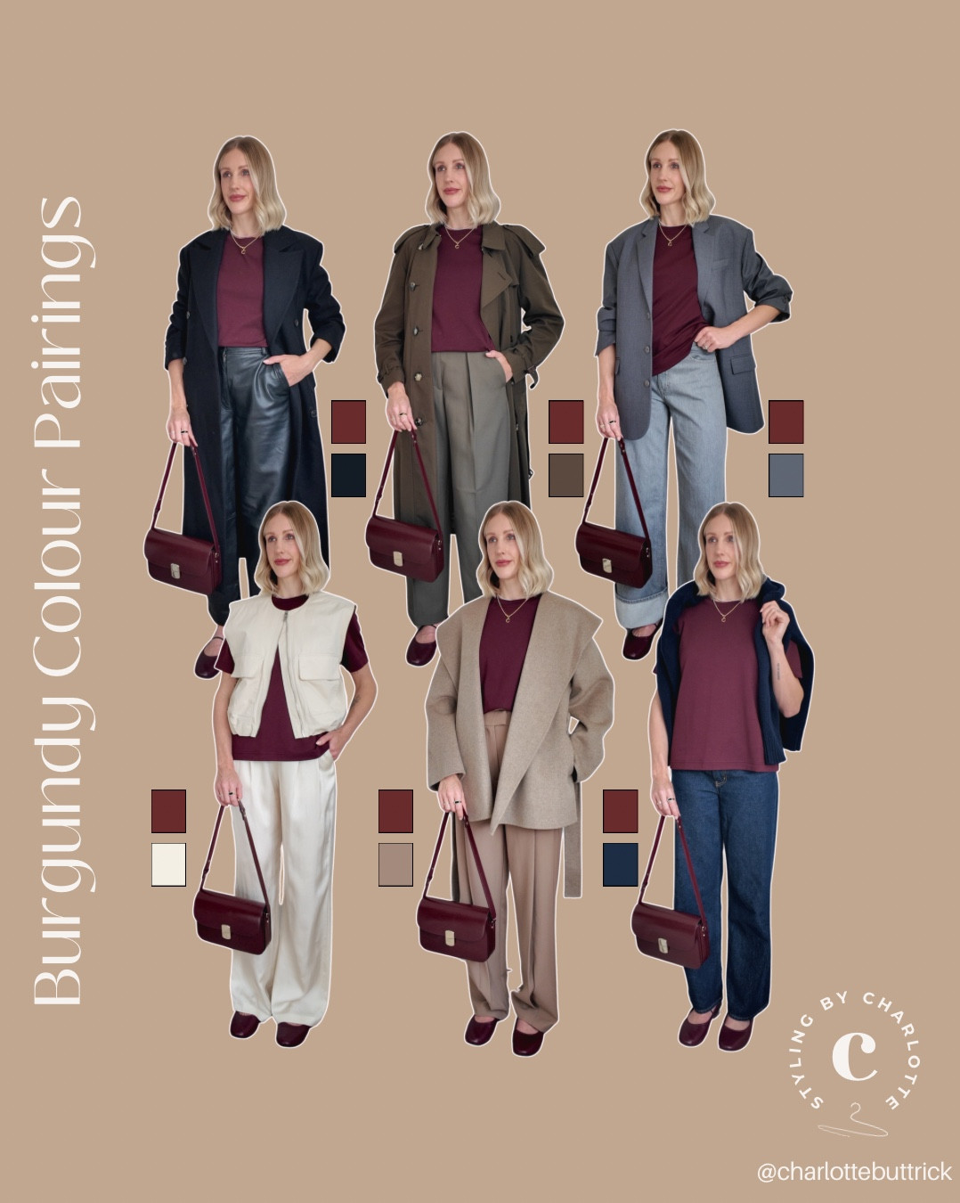 Classic colours to wear with burgundy outfit this autumn 🍂🍇🤎🍷✨

Styling my sezane burgundy bag, Arket burgundy t-shirt and burgundy ballet flats with 6 classic colours, links below 👇🏼 

#burgundy #autumn #styletips 

#LTKeurope #LTKautumn