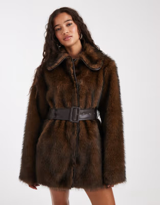 Miss Selfridge collar belted mid length faux fur coat in brown | ASOS | ASOS (Global)