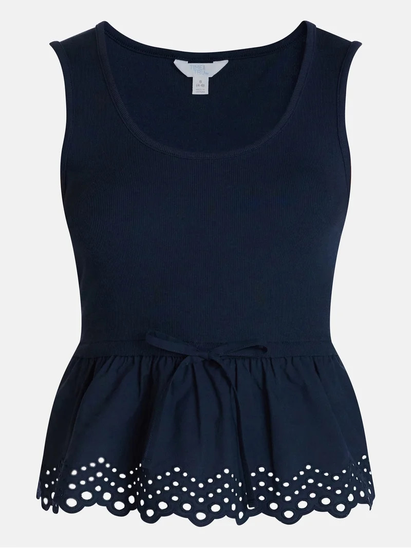 Time and Tru Women's Eyelet Trim Tank Top with Peplum Hem, Sizes XS-XXXL | Walmart (US)