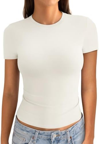 Womens Cotton Crew Neck Short Sleeve Shirts Summer Top Fashion Round Neck Crop Tops Basic Going O... | Amazon (US)