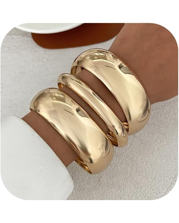 Chunky Gold Bangle Bracelets for Women Trendy Stack Wide Wrist Cuff Bracelets Statement Arm Cuff ... | Amazon (US)