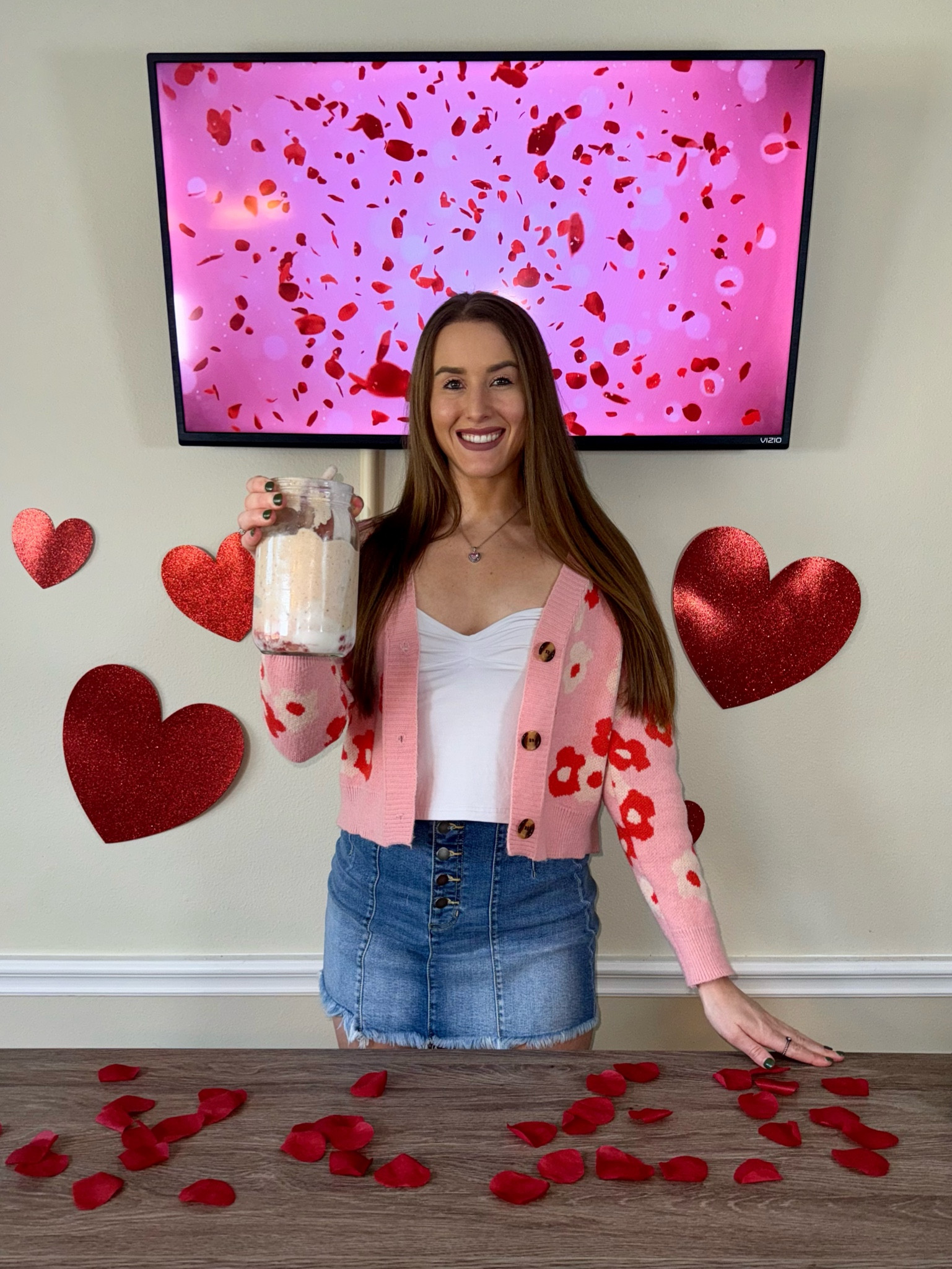 Valentines Day. Valentine’s Day look. Valentine’s Day outfit. Valentine’s Day sweater. Flower sweater. Flower cardigan. Pink and red outfit.

#LTKSeasonal