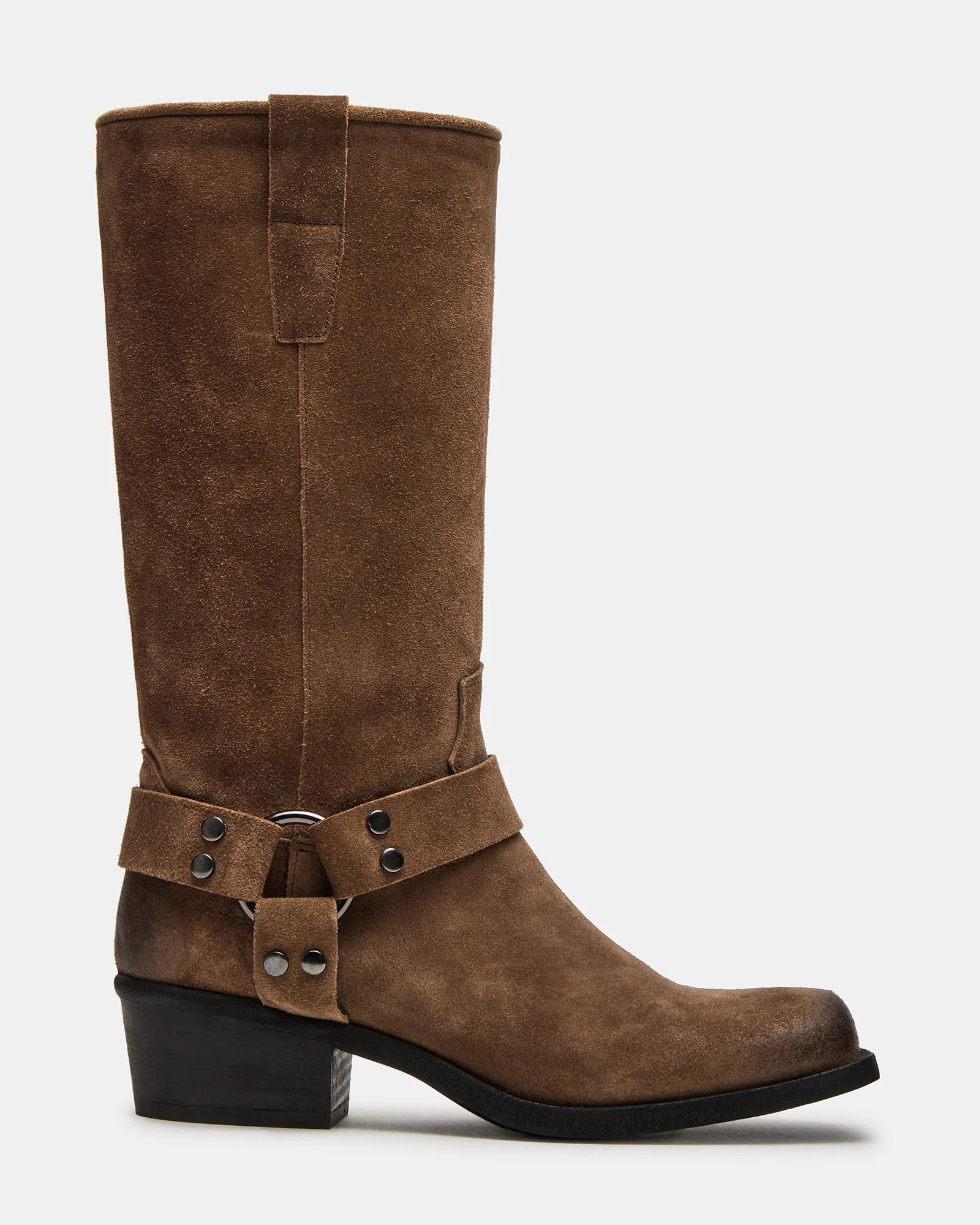 RUSKIN Chestnut Suede Square Toe Moto Boot | Women's Boots | Steve Madden (US)