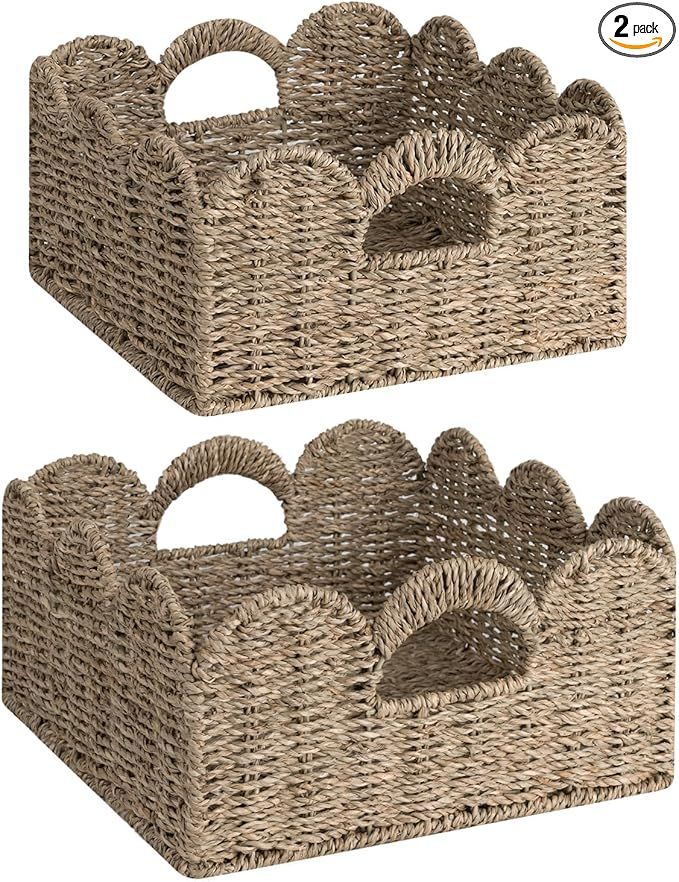 StorageWorks Scalloped Wicker Basket, Nursery Basket with Handles, Woven Rattan Baskets for Organ... | Amazon (US)