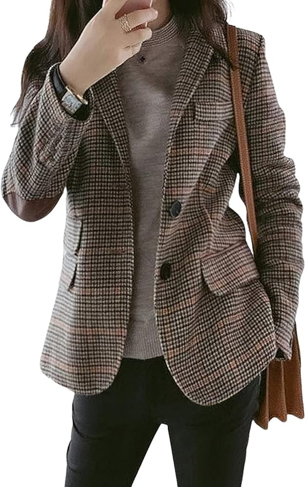CHARTOU Women's Chic Lapel Collar Plaid 2-Button Wool Blend Blazer Suit Jacket | Amazon (US)