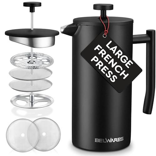 Belwares French Press Coffee Maker 50 OZ - Large Insulated Stainless Steel 304 Coffee Press with Double Wall & 4-Level Filtration System (Black - 1.5L) | Amazon (US)