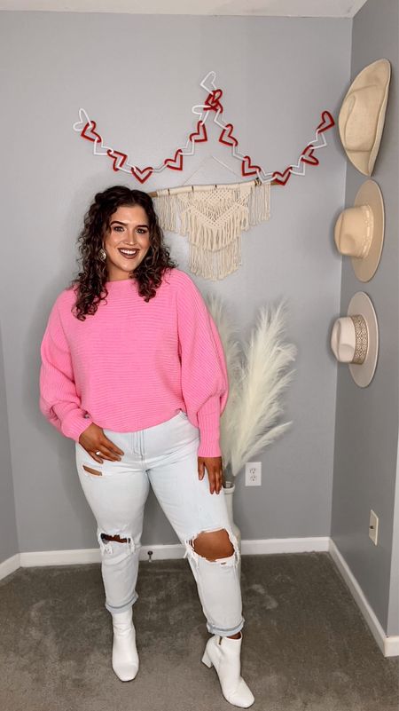 Curvy casual Valentine’s Day outfit 💘🍫🌹 Galentine’s day, Vday, casual outfit, sweater
Top: L 
Jeans: 12 
#midsizeoutfits #valentinesday #vday #galentines #valentinesoutfits #ootd #casualoutfits #pinkoutfits #sweater #denim #jeans #lightwashjeans #whiteboots

#LTKstyletip #LTKcurves #LTKFind