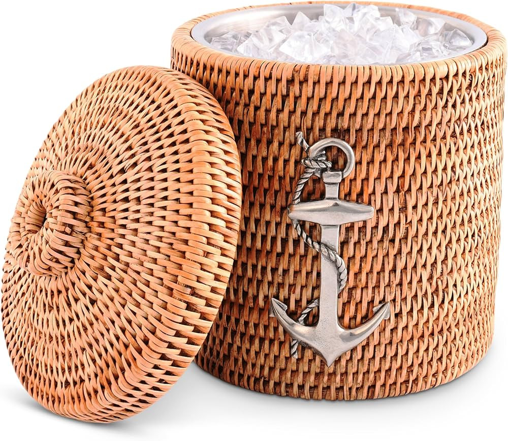 Vagabond House Inspiring Beach Essentials - Luxury Double-Walled Wicker Rattan Ice Bucket with Pe... | Amazon (US)