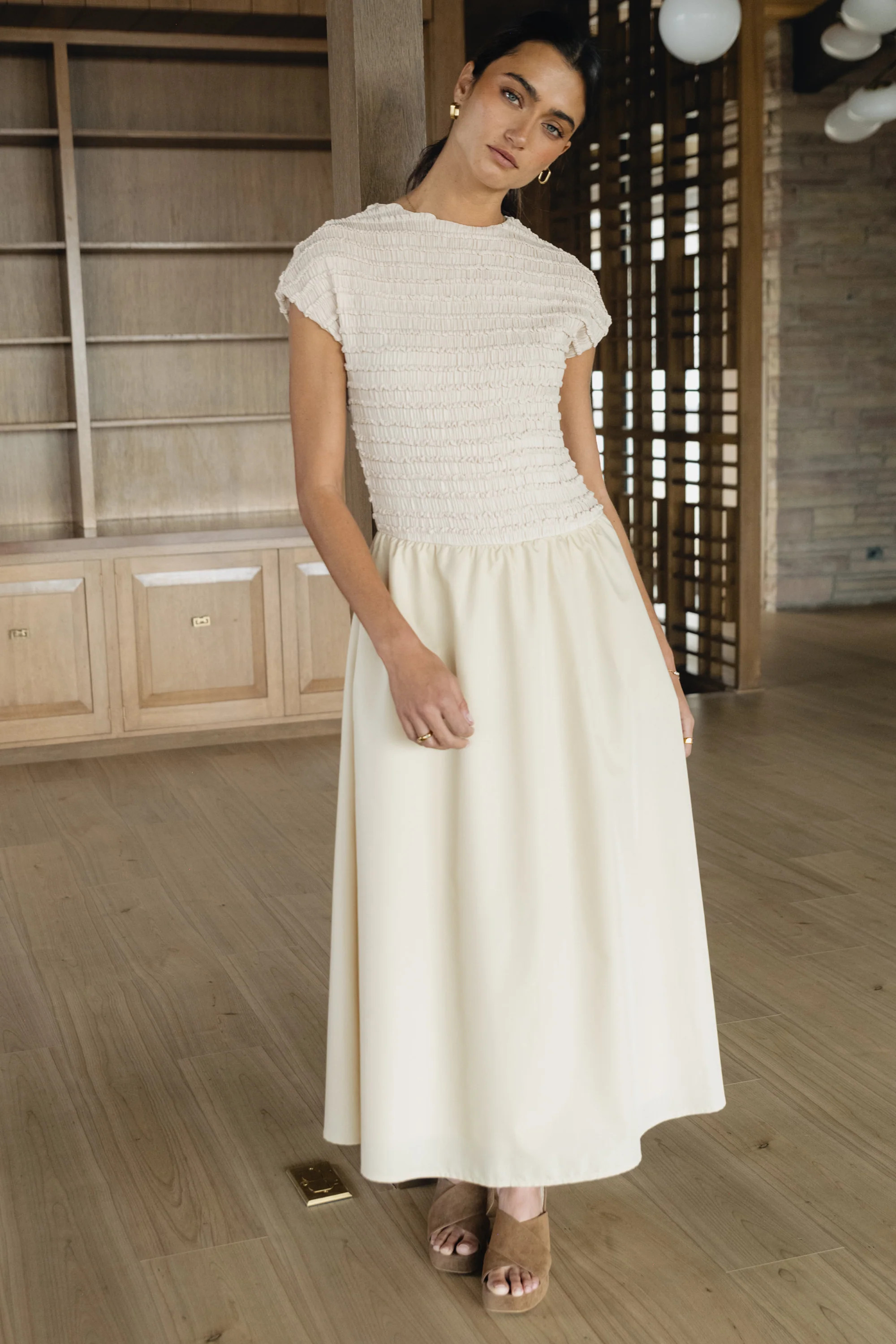 Lorie Mixed Media Maxi Dress in Natural | Böhme US