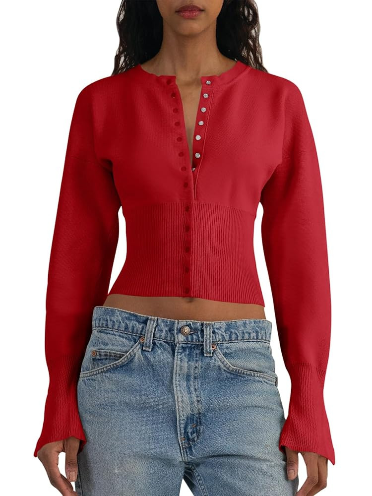 Saodimallsu Womens Cropped Sweaters Button Down Long Sleeve V Neck Ribbed Knit Slim Fit Pullover ... | Amazon (US)