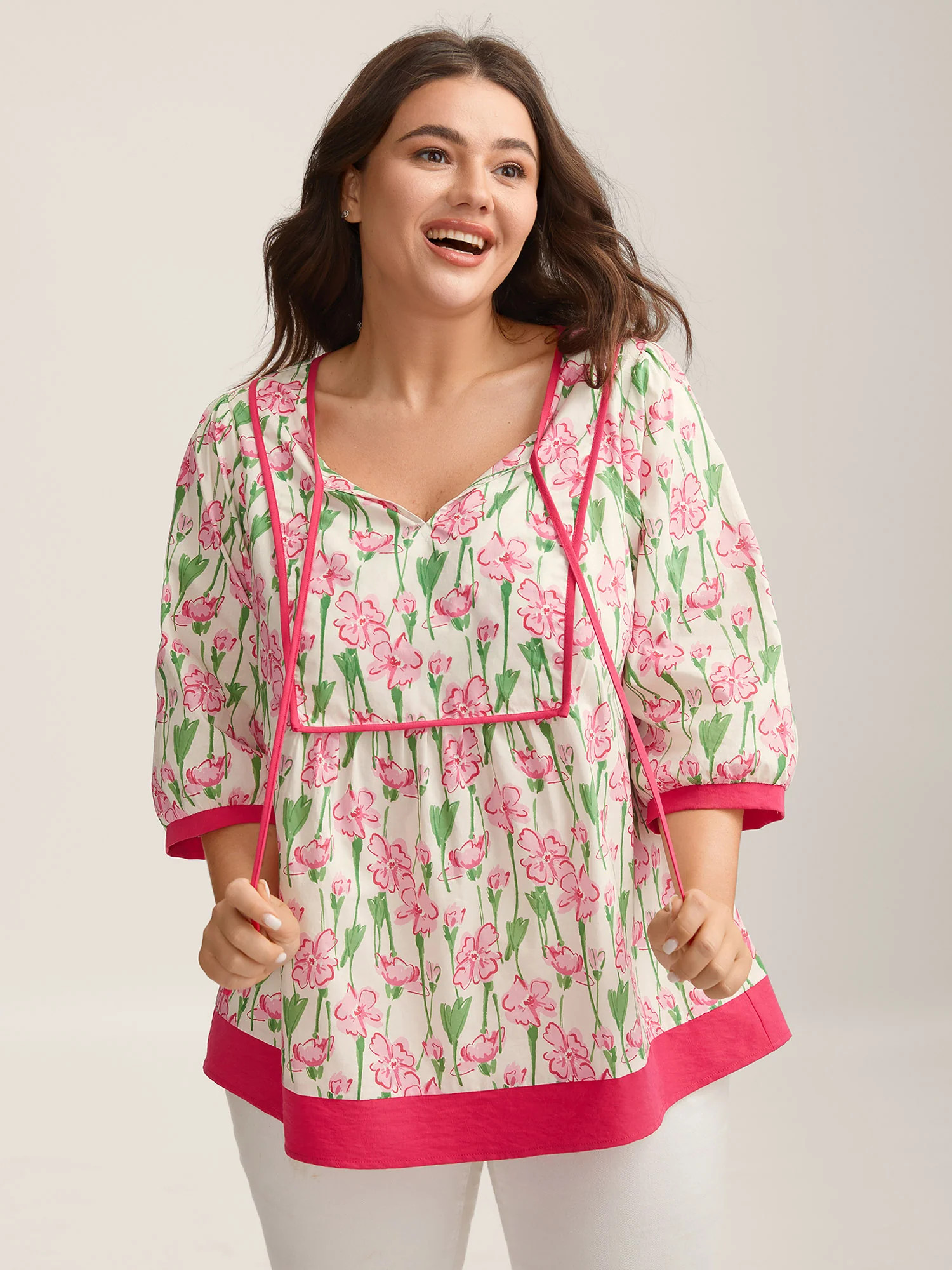 Blushing Floral Print Seamed Contrast Blouse | Bloomchic