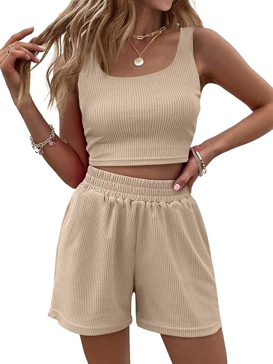 Trendy Queen Two Piece Outfits Women Summer Shorts Sets 2 Piece Sleeveless Matching Lounge Crop T... | Amazon (US)