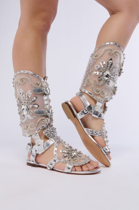 AZALEA WANG LEXLINE SILVER EMBELLISHED GLADIATOR FLAT SANDAL | AKIRA