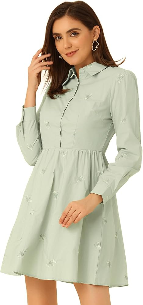 Allegra K Women's Shirt Dress Long Sleeve Collared Floral Embroidered Casual Mini Dresses | Amazon (US)