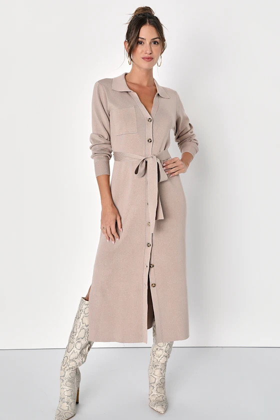 Charming Comfort Beige Collared Button-Up Sweater Dress | Lulus (US)