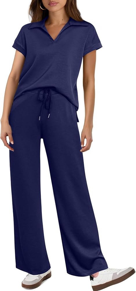 Glamaker Womens 2 Piece Summer Outfit Lounge Set Cap Sleeve Polo Top And Pant Set Tracksuit Trave... | Amazon (US)