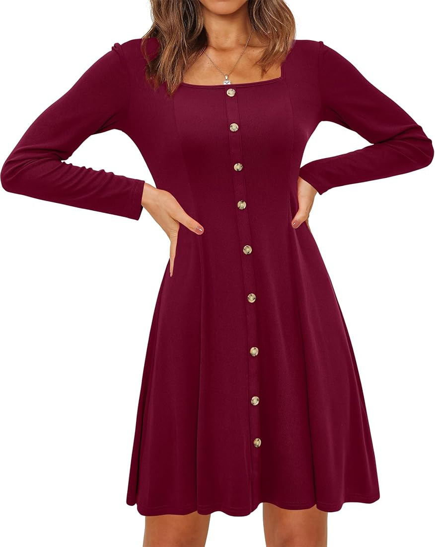 Newshows Women 2024 Fall Dress Long Sleeve Holiday Outfits Square Neck Casual Winter Ribbed Knit ... | Amazon (US)