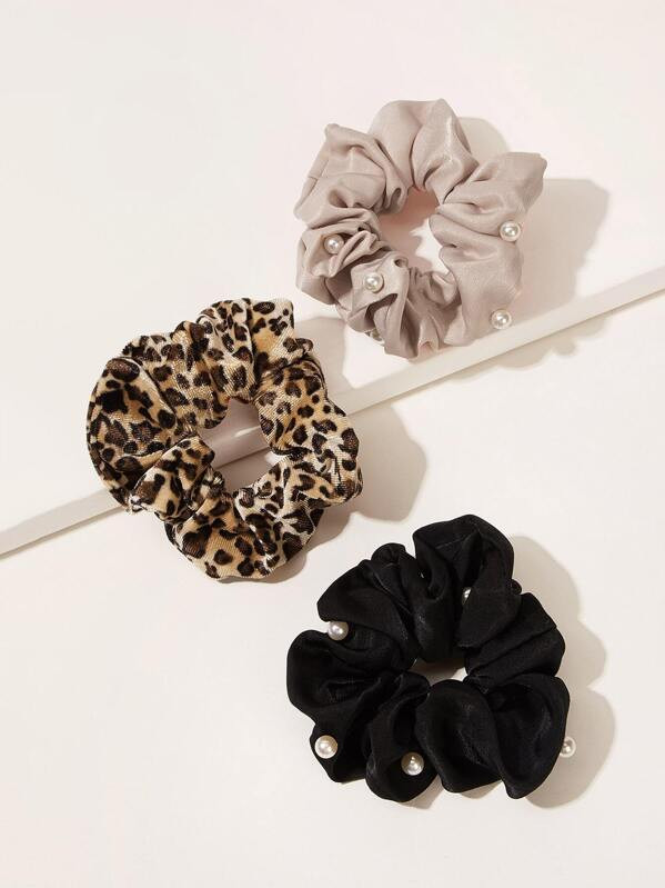 Faux Pearl Decor Leopard Pattern Scrunchie 3pcs | SHEIN