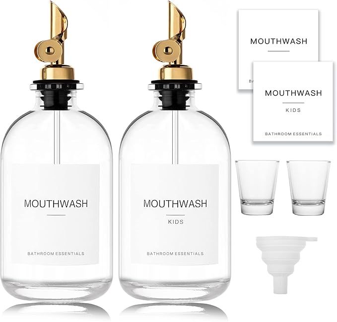 Mouthwash Dispenser for Bathroom, 12.7 oz, 2 Pack - Glass Mouthwash Bottle with 304 Stainless Ste... | Amazon (US)