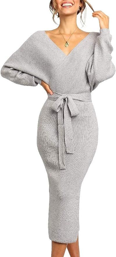 Chang Yun Women's Long Maxi Sweater Dresses Sexy Wrap Batwing V Neck Slit Open Back Holiday Bodyc... | Amazon (US)