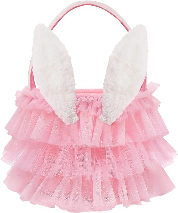 Bunny Chorus Tutu Easter Basket, Pink Ruffled Shining Tulle with Fluffy Bunny Ears, Easter Theme ... | Amazon (US)