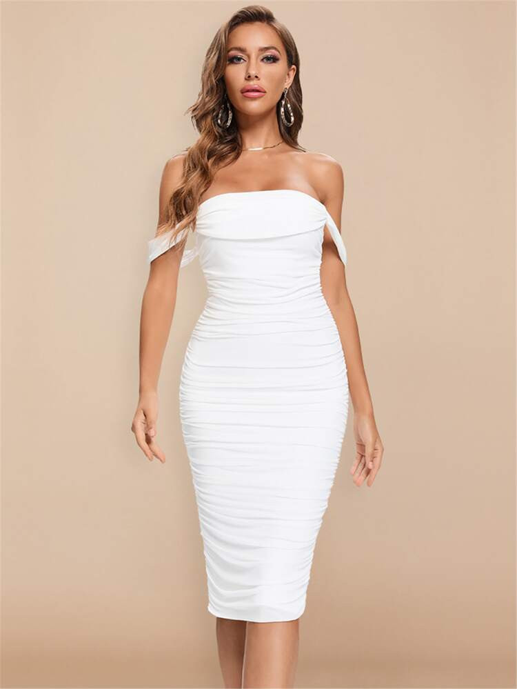 Off Shoulder Ruched Side Split Back Bandage Dress | SHEIN