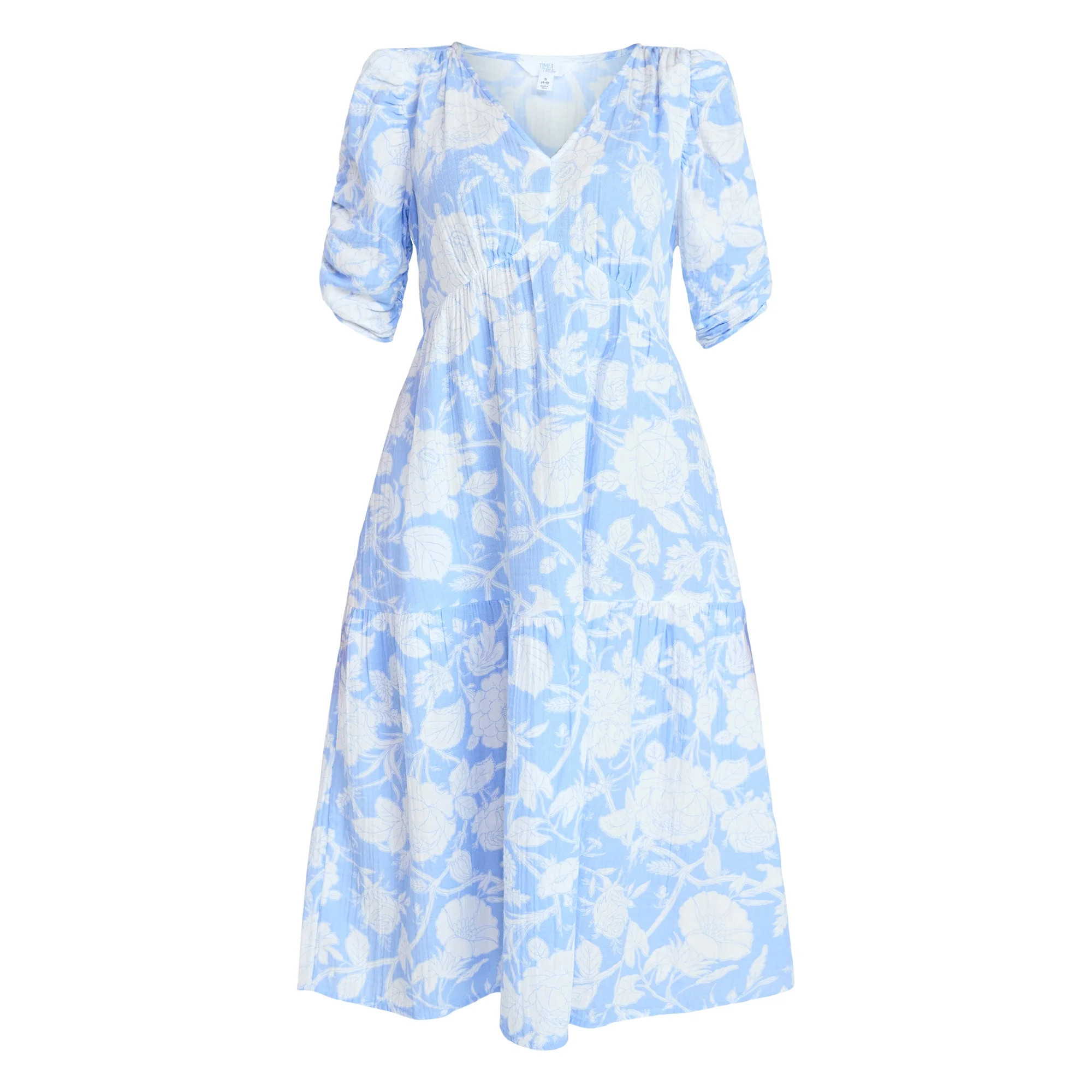 Time and Tru Women's Cotton Tiered Midi Dress with Elbow Length Sleeves, Sizes XS-XXXL | Walmart (US)