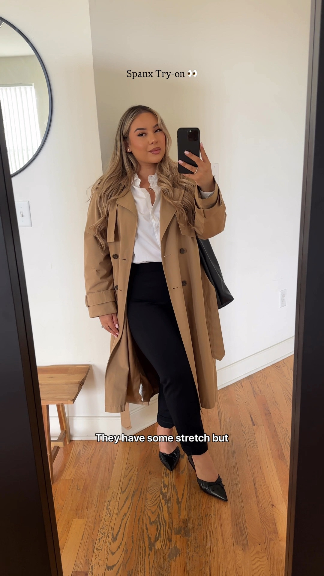 Okay Spanx 👏🏼 Highly impressed with the quality and fit! Sizing ⬇️ 

Blouse: M (runs oversized) 
Pants: L (petite- I am 5’2 for ref. & still folded over once) 
Trench Jackets: M 

#LTKMidsize #LTKWorkwear #LTKStyleTip