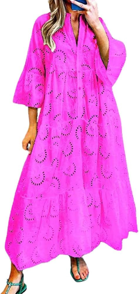 Women Eyelet Dress Boho Maxi Dress Elegant Lace Hollow Dress Summer V Neck Bell Sleeve Ruffle Cas... | Amazon (US)