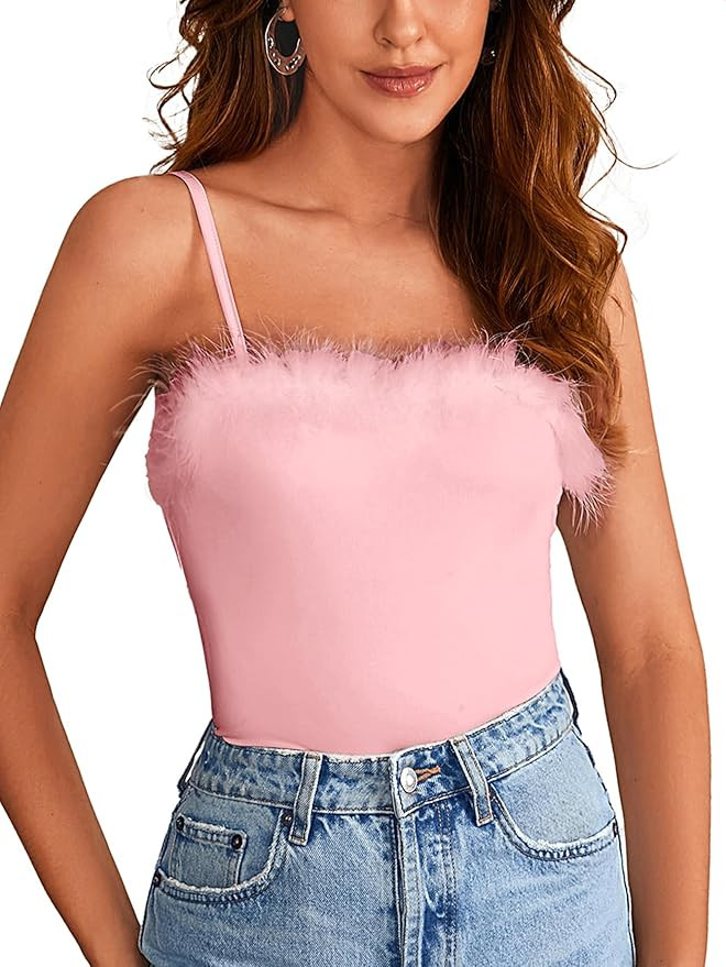 LYANER Women’s Feather Trim Spaghetti Strap Basic Sleeveless Tube Top Crop Cami Top | Amazon (US)