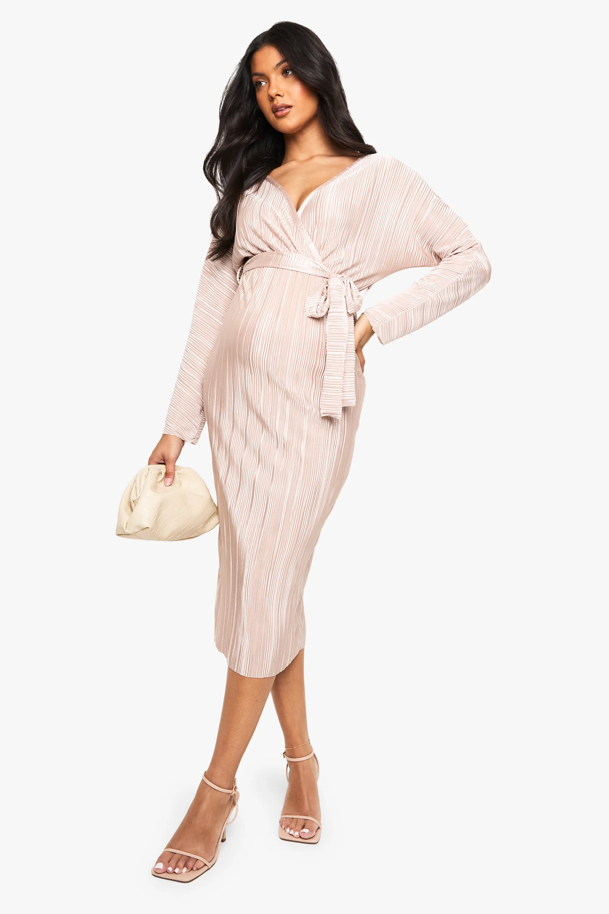 Maternity Plisse Belted Midi Dress | boohoo (US & Canada)