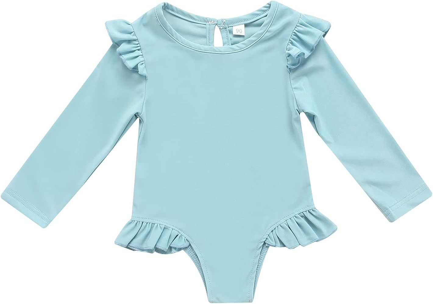 Sasaerucure Toddler Baby Girls Swimsuit Solid Ruffle Long Sleeve Bathing Suit Rash Guard Shirt Swimw | Amazon (US)