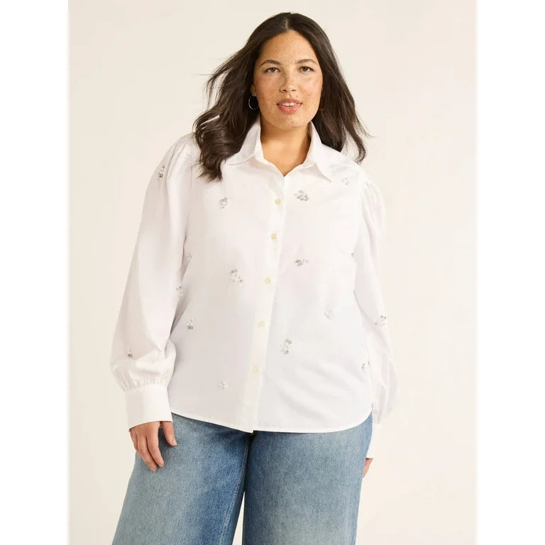 Free Assembly Women's and Women’s Plus Cotton Embellished Button Front Shirt, Sizes XS-4X | Walmart (US)