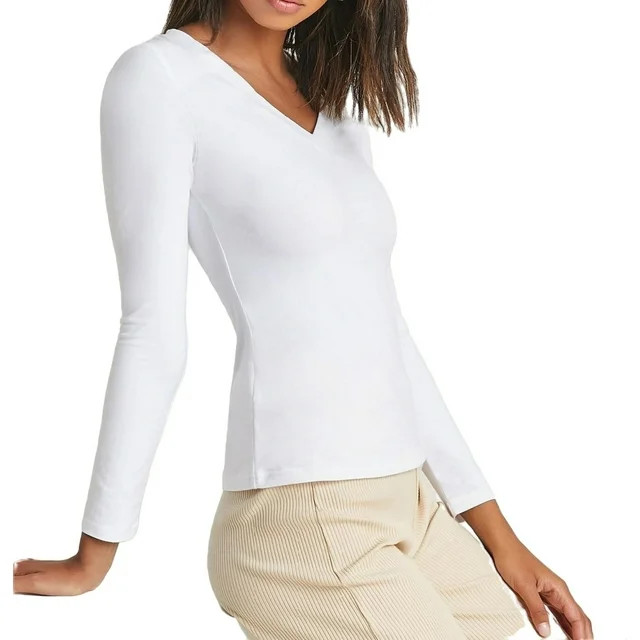 Casual Solid V neck Tee Long Sleeve White Women T-Shirts (Women's) - Walmart.com | Walmart (US)