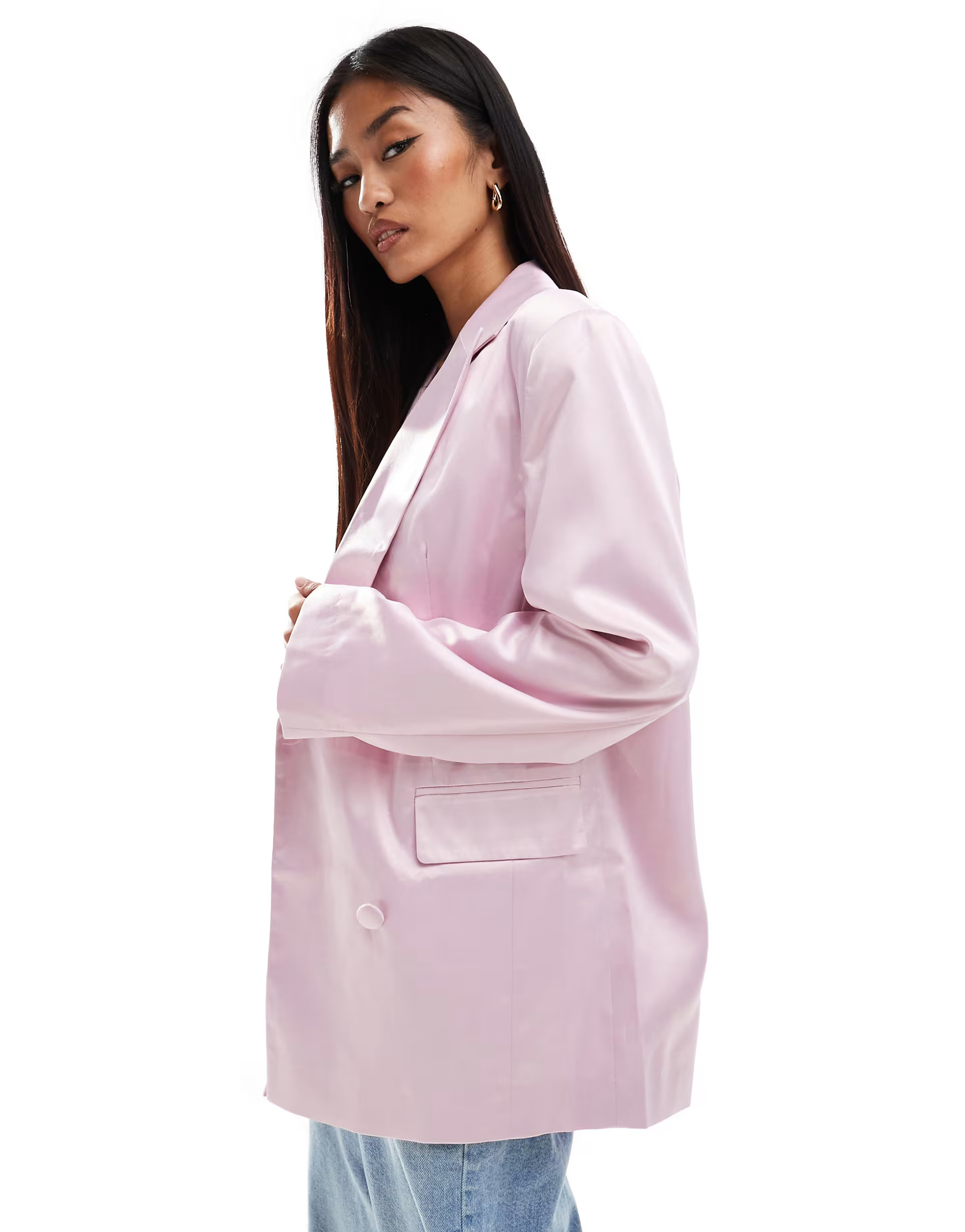 Miss Selfridge satin oversized double breasted blazer in pink | ASOS | ASOS (Global)