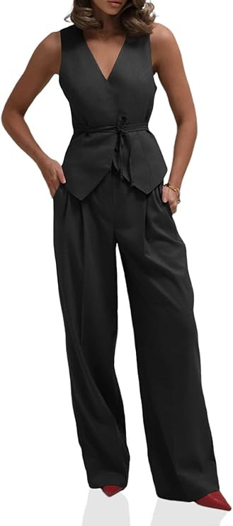 Cicy Bell Women's 2 Piece Outfits Sleeveless Tie Waist Suit Vest and Wide Leg Pants Business Casu... | Amazon (US)