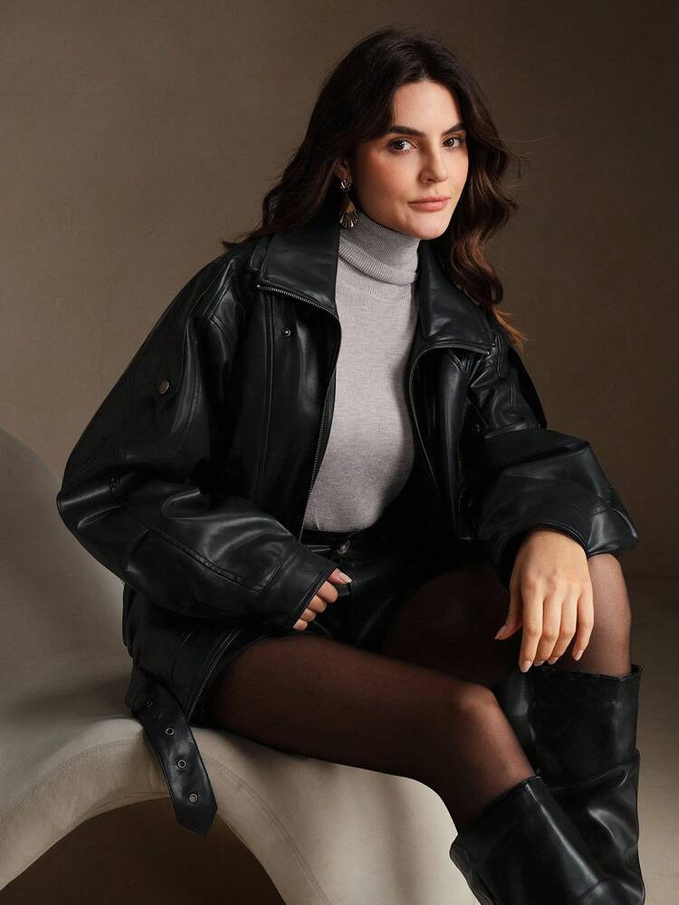 Anewsta Women's New Autumn/Winter Loose Black PU Leather Jacket, Long Sleeve Thick Motorcycle Jacket, Suitable For Casual, Formal, Party, Chic, New Year, Christmas, Work, Graduation, Wedding | SHEIN