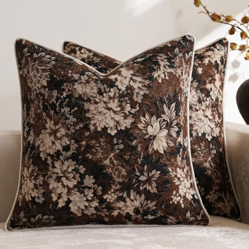 DEZENE Pack of 2 Vintage Floral Throw Pillow Covers 20x20 Boho Farmhouse Accents Chenille Square Decorative Pillow Cases for Living Room Couch Bed Home Decor, Dark Brown | Amazon (US)