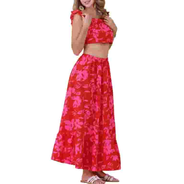 INSPIRE CHIC Summer 2 Piece Outfits for Women's Floral Tank Top and Maxi Skirt Set XS Red | Walmart (US)